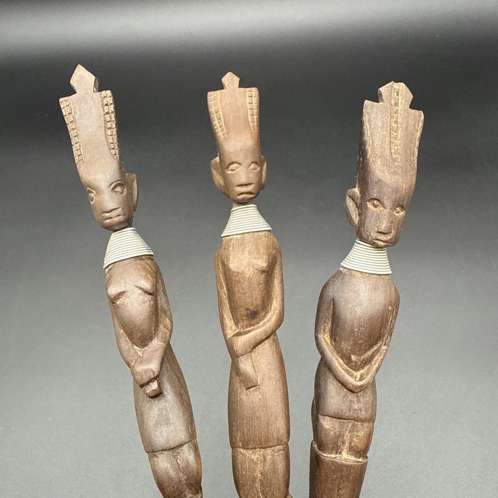VTG African Hand Carved Wooden Utensils Set - Tribal Figural Fork Spoon Knife